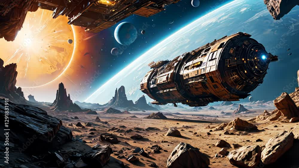 A colossal spaceship orbiting a distant alien planet with a glowing atmosphere and floating celestial bodies. Concept of interstellar exploration and futuristic technology