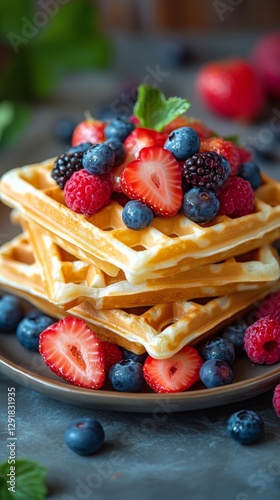 Delicious Stacked Waffles Topped With Fresh Berries in a Vibrant Kitchen Setting