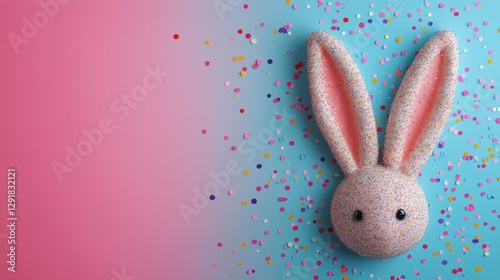Cute Pink Bunny Face Surrounded by Colorful Confetti on a Pastel Background