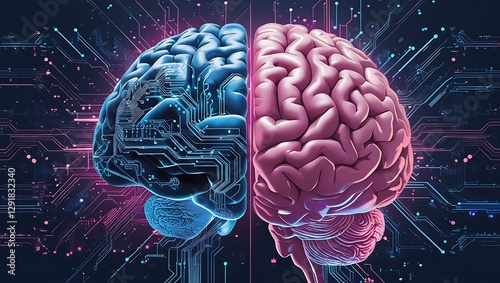 A digital artwork of a human brain divided into two contrasting halves.