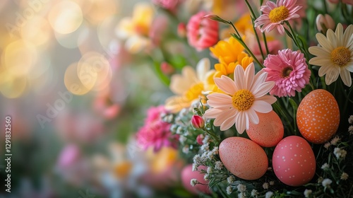 Colorful Spring Bouquet With Decorated Eggs for Easter Celebration