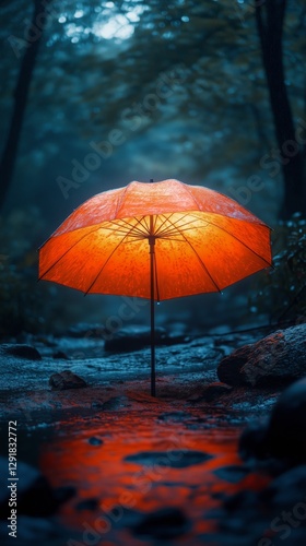 Vibrant Orange Umbrella Glows on Rainy Street During Evening Hours