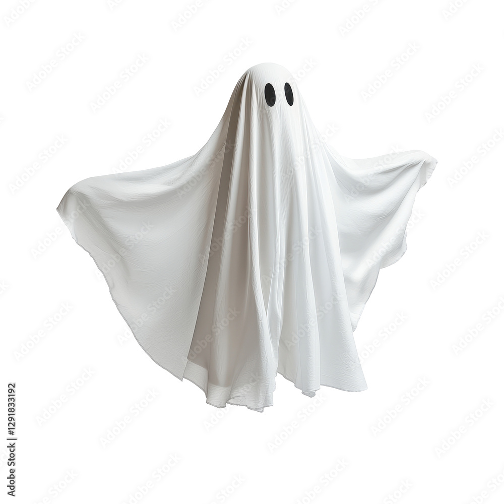 Flying ghost in a white sheet haunting in the night sky during Halloween season, flying halloween ghost in a white sheet, file of isolated object on White background Flying ghost in a white sheet haunting in the night sky during Halloween season, flying halloween ghost in a white sheet, file of isolated object on White background
