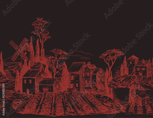 Border with medieval houses and mill in Toile style. Vector.