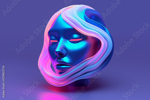 Stylish sculpture featuring a woman's head with flowing hair in vibrant blue and pink colors