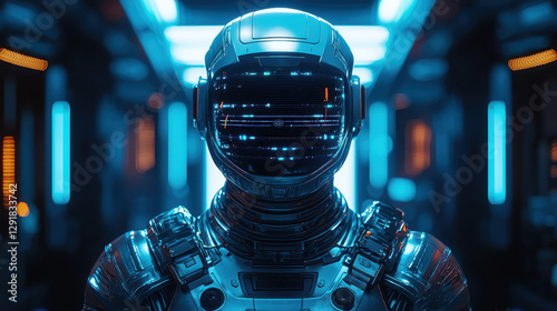 Humanoid AI robot creates realistic deepfake content with advanced technology in a neon-lit futuristic environment at night