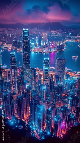 City Skyline Illuminated at Night With Vibrant Lights Over the Harbor