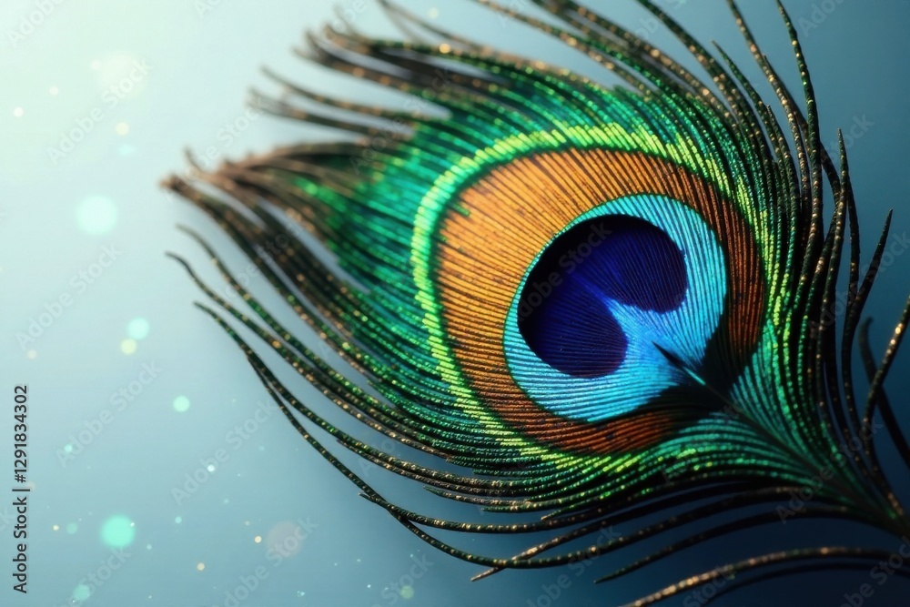 Obraz premium A Single Vibrant Peacock Feather with Iridescent Hues and Detailed Texture on a Soft Blue Background