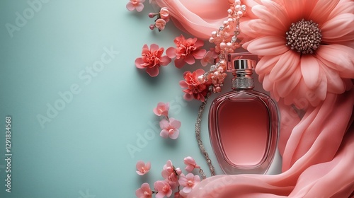 Elegant Perfume Bottle Surrounded by Soft Fabric and Delicate Flowers on a Se...