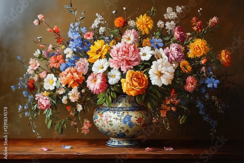 Colorful Bouquet of Flowers in an Ornate Vase on a Wooden Table