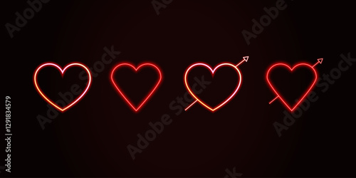 Red neon hearts. Luminescent heart lamp. Cupid love neon

