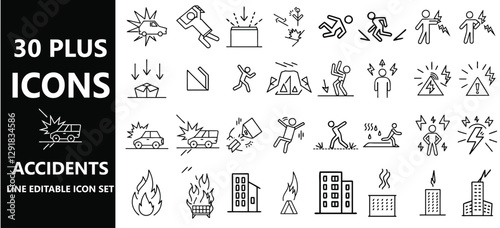 Accidents Icon Set for Car Crashes, Fire Hazards, Injuries, and Emergency Situations.