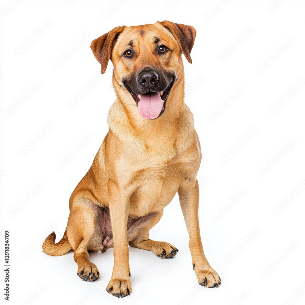 Proud and content dog sitting against white background for pet enthusiasts Proud and content dog sitting against white background for pet enthusiasts