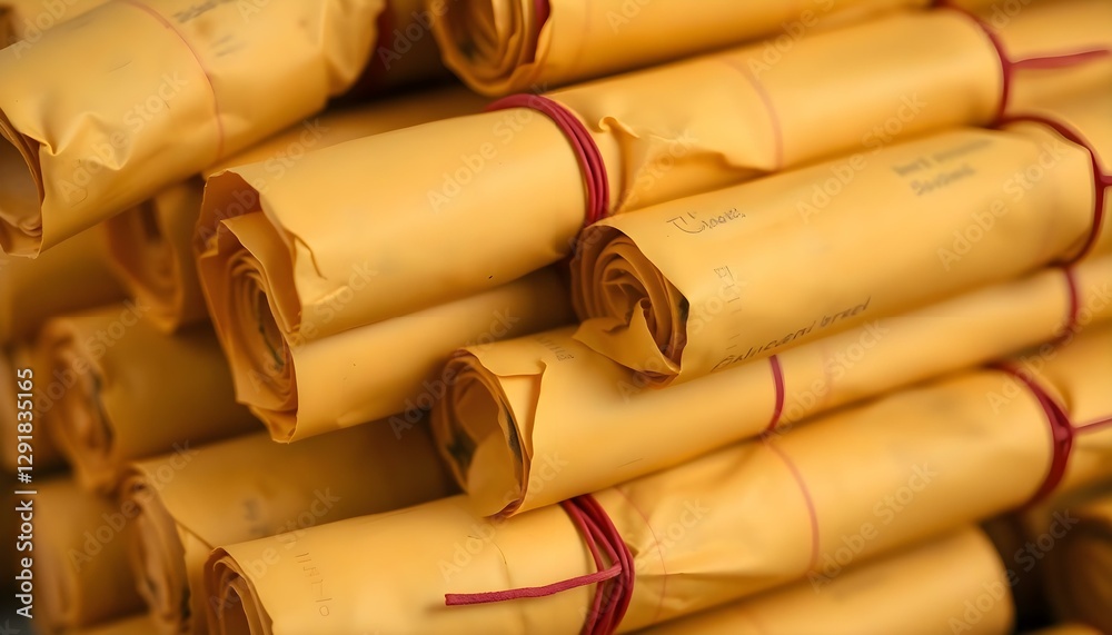 Fototapeta premium a stack of rolled up yellow paper sitting on top of each other