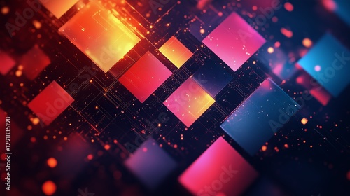 Vibrant Abstract Technology Design With Floating Squares and Colorful Light E...