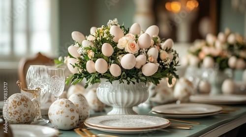 Elegant Spring Gathering With Golden Eggs and Floral Decoration in a Bright S...