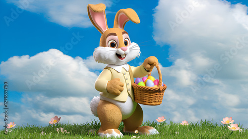 Obraz na płótnie Charming Easter Bunny in a Sunny Field Holding a Basket of Colorful Eggs w salonie