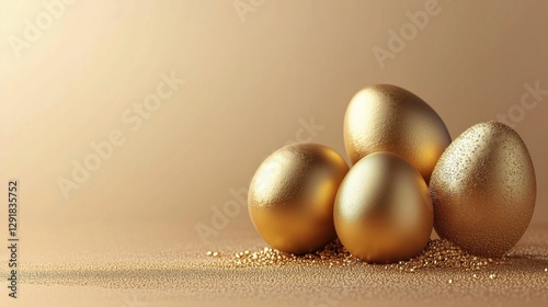 Golden Eggs Surrounded by Glitter on a Light Background Create a Festive Atmo...