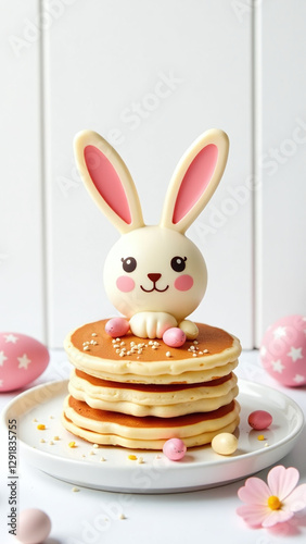 cute easter bunny pancakes sit white plate flay lay front white wooden