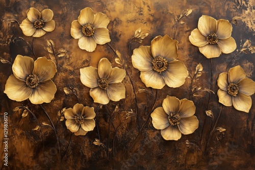 Golden Floral Wall Art Featuring Intricate Design and Vibrant Textures in Mod...