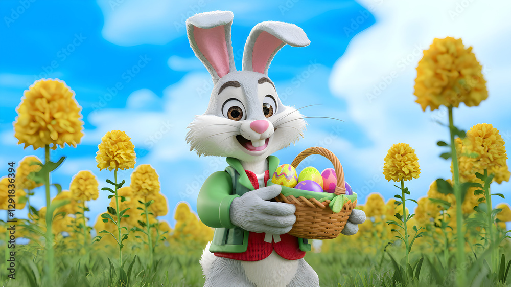 Adorable Easter Bunny with a basket of colorful eggs in a vibrant flower field – 3D illustration