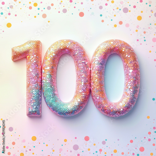 A vibrant birthday celebration featuring a sparkling 100 in a festive, colorful background with confetti. photo