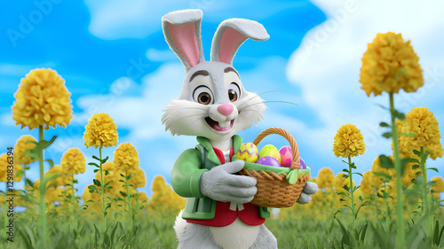Obraz na płótnie Adorable Easter Bunny with a basket of colorful eggs in a vibrant flower field – 3D illustration w salonie