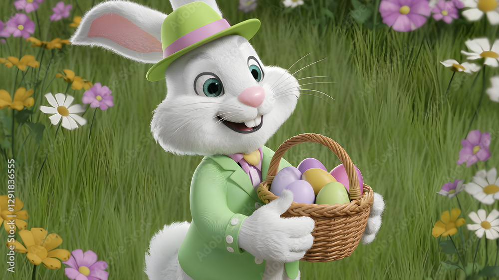 Elegant Easter Bunny in green suit holding a basket of colorful eggs – 3D illustration