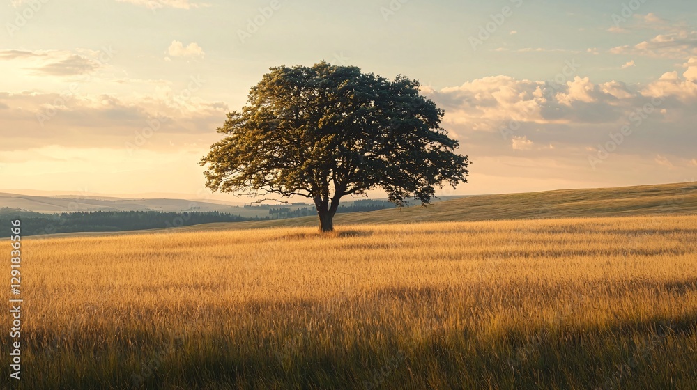 Fototapeta premium Solitary Tree in Golden Field Under Blue Sky at Sunset Hours