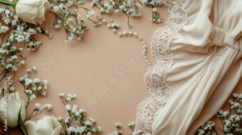 Elegant Bridal Attire Arrangement With Delicate Flowers and Pearls on Soft Ba...