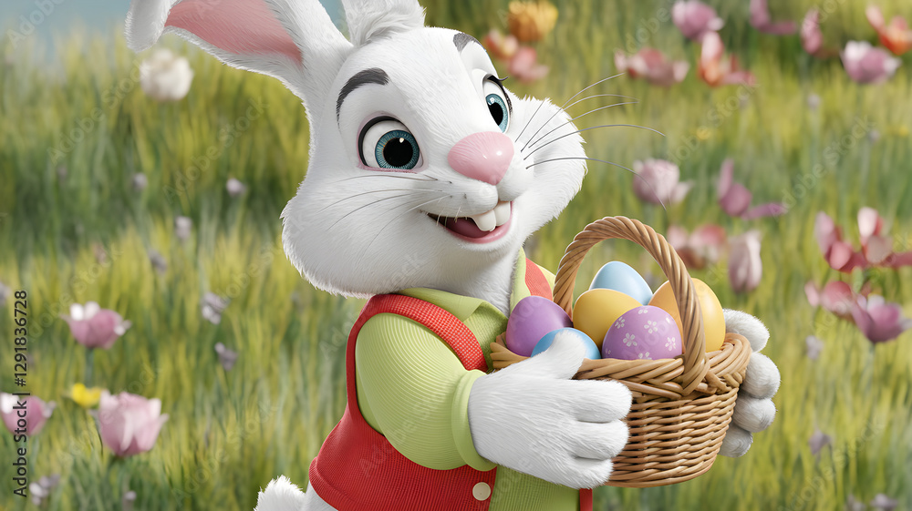 Cute Easter Bunny holding a basket of colorful eggs – 3D illustration