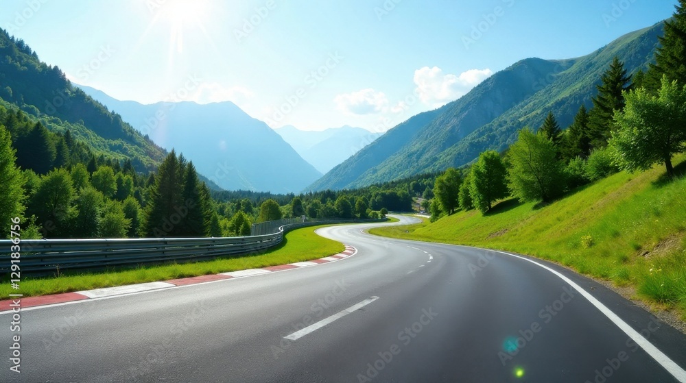 Fototapeta premium Asphalt ribbon curving through a verdant valley, sunlit mountains forming a breathtaking backdrop