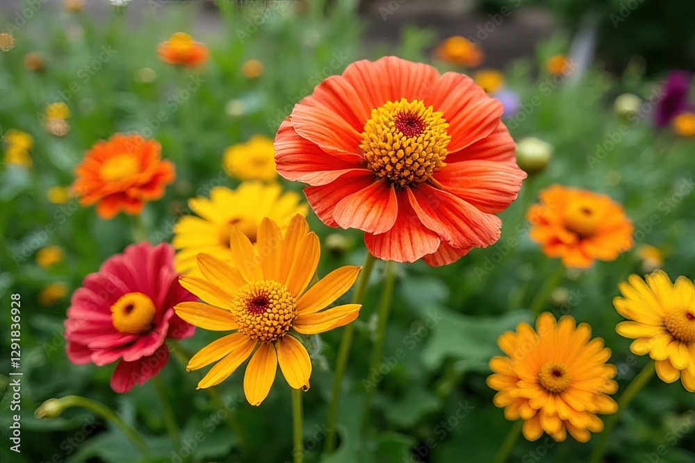 Vibrant Orange and Yellow Flowers in Garden Bed Vibrant Orange and Yellow Flowers in Garden Bed