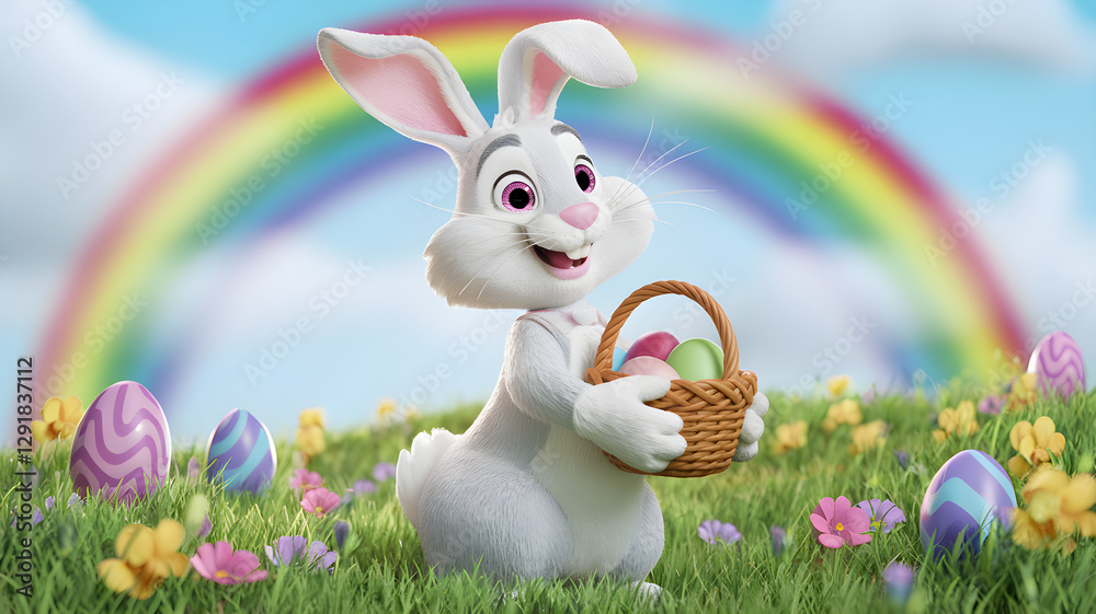 Happy Easter Bunny holding a basket of eggs in a colorful meadow with a rainbow – 3D illustration