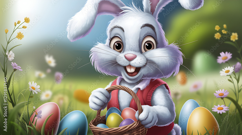Adorable Easter Bunny holding a basket of colorful eggs in a spring meadow – Fantasy holiday illustration
