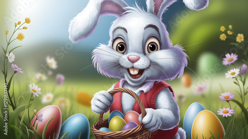 Obraz na płótnie Adorable Easter Bunny holding a basket of colorful eggs in a spring meadow – Fantasy holiday illustration w salonie