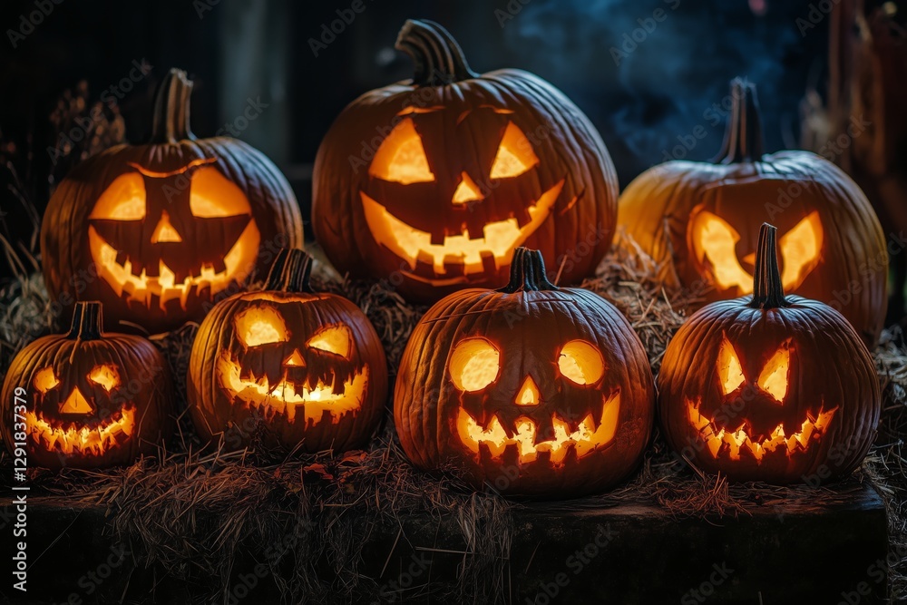 Jack-o-lantern Display on a Porch During Halloween Evening Celebration Jack-o-lantern Display on a Porch During Halloween Evening Celebration