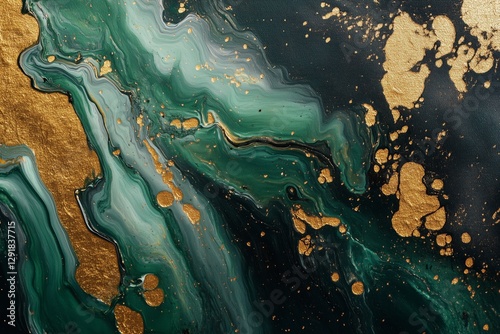 Textured Art Piece Showcasing Rich Emerald and Gold Colors Blending in an Abs...