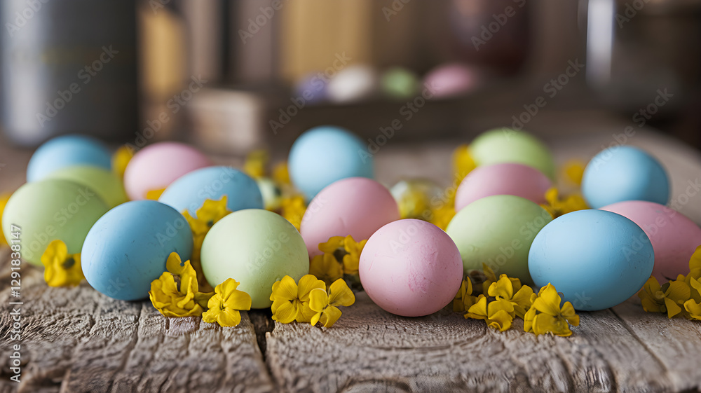 Pastel Easter eggs with yellow flowers on rustic wooden table – Spring holiday decoration