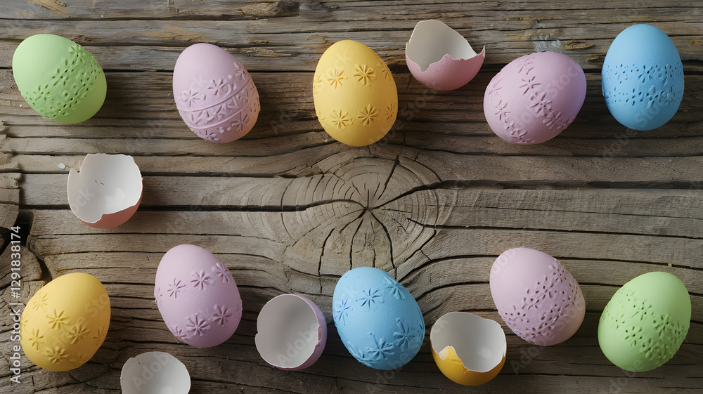 Handcrafted pastel Easter eggs with carved patterns and broken eggshells on rustic wooden background – Spring holiday concept