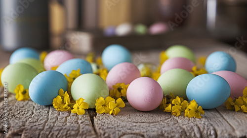 Obraz na płótnie Pastel Easter eggs with yellow flowers on rustic wooden table – Spring holiday decoration w salonie