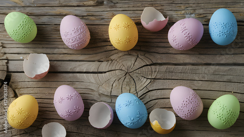 Obraz na płótnie Handcrafted pastel Easter eggs with carved patterns and broken eggshells on rustic wooden background – Spring holiday concept w salonie