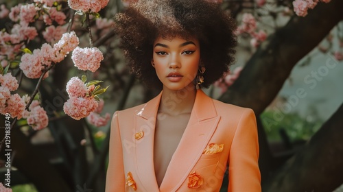 Model Showcases Elegant Outfit Against Vibrant Floral Backdrop on Sunny Day
