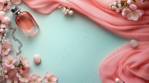 Elegant Perfume Bottle Surrounded by Soft Fabric and Delicate Flowers on a Se...