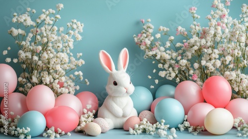 Festive Spring Celebration With Pastel Decorations and a Cute Bunny Figure