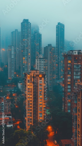 High-rise Buildings Form a Colorful Cityscape in an Urban Skyline During Earl...