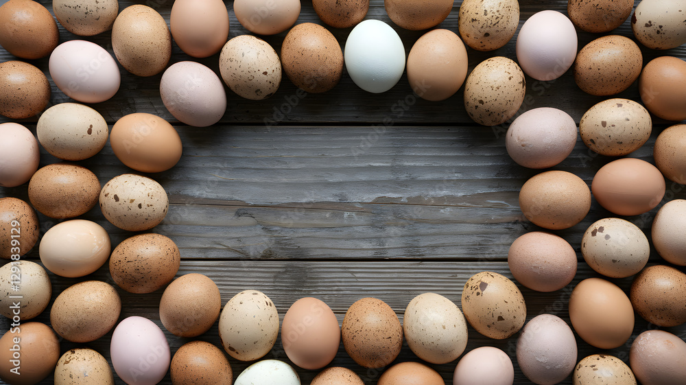 Rustic brown and speckled eggs arranged in circular frame on weathered wooden background – Farm fresh concept