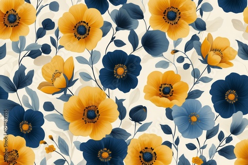 Vibrant Yellow Flowers With Leaves on a Cream Background Creating a Lively Fl...