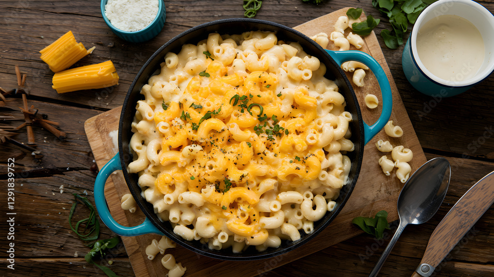 Classic creamy mac and cheese in cast iron skillet with melted cheddar – Homemade comfort food on rustic wooden table