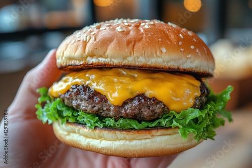 Hand Holding a Delicious Cheeseburger With Fresh Toppings in a Casual Dining ...